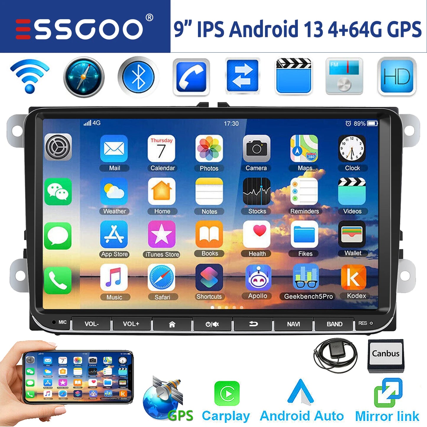 ESSGOO AR9002 9 Inch Android Car Stereo GPS Navigation CarPlay