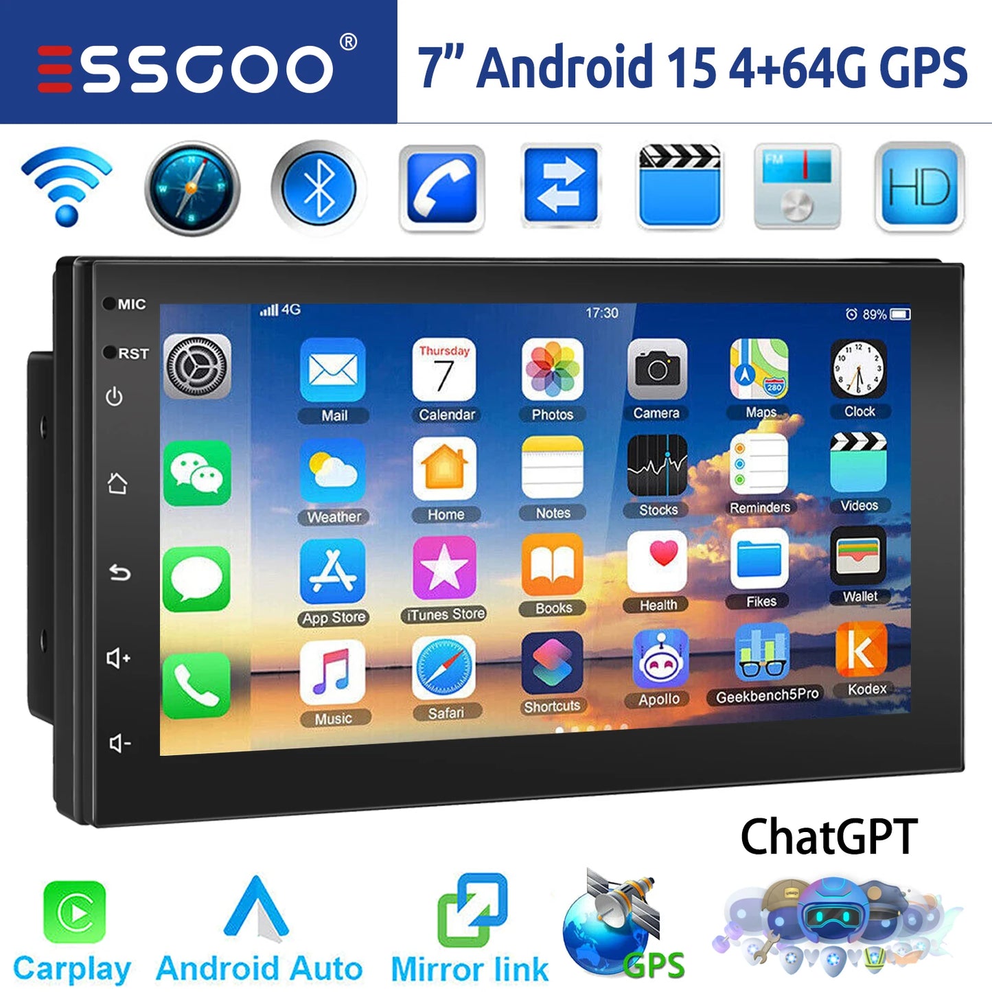 ESSGOO Android 14 Car Stereo With CarPlay Android Auto GPS Bluetooth WiFi