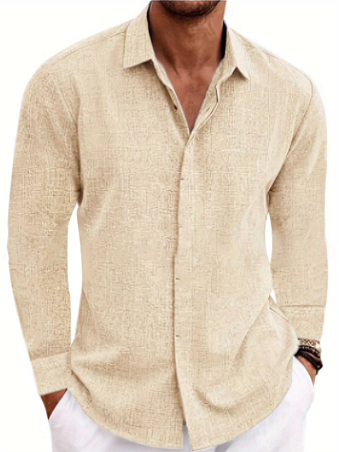 Men's Linen Long Sleeved Solid Color Cotton Blend Shirt