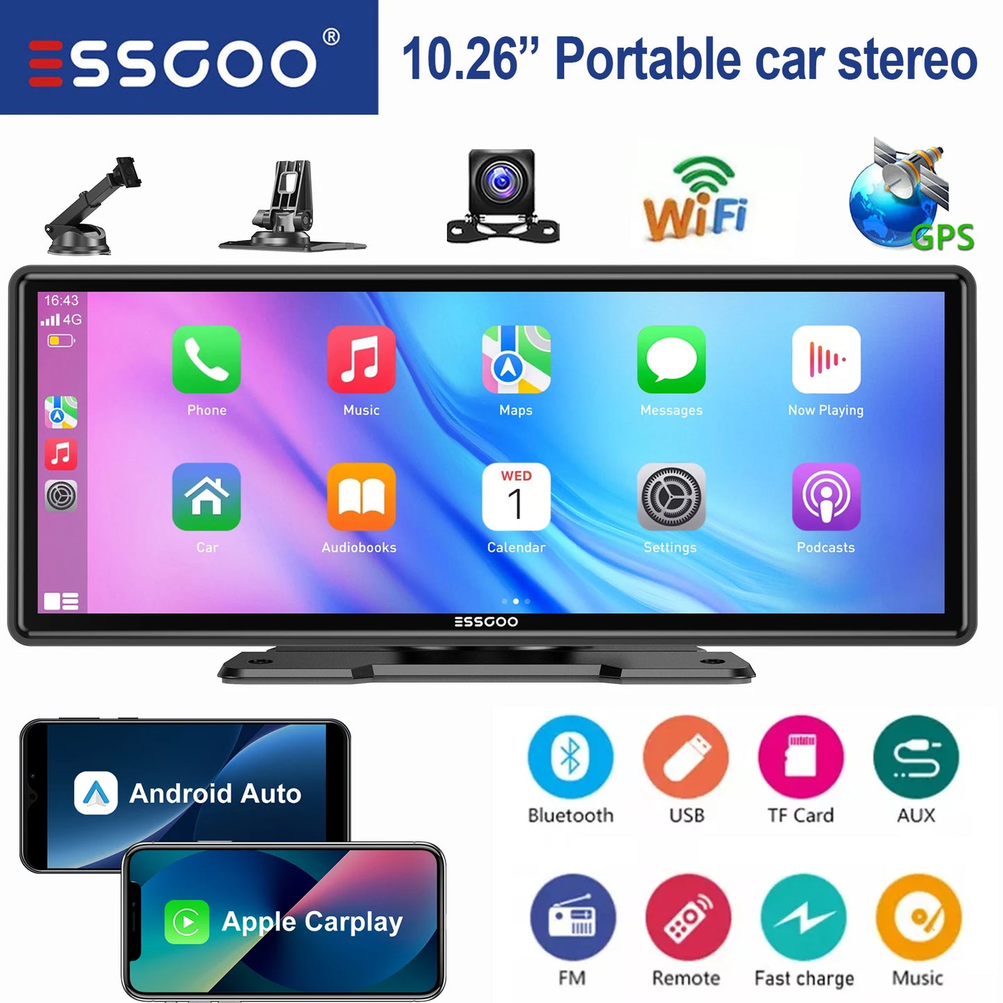 ESSGOO Universal Car Stereo With Bluetooth CarPlay Android Auto GPS