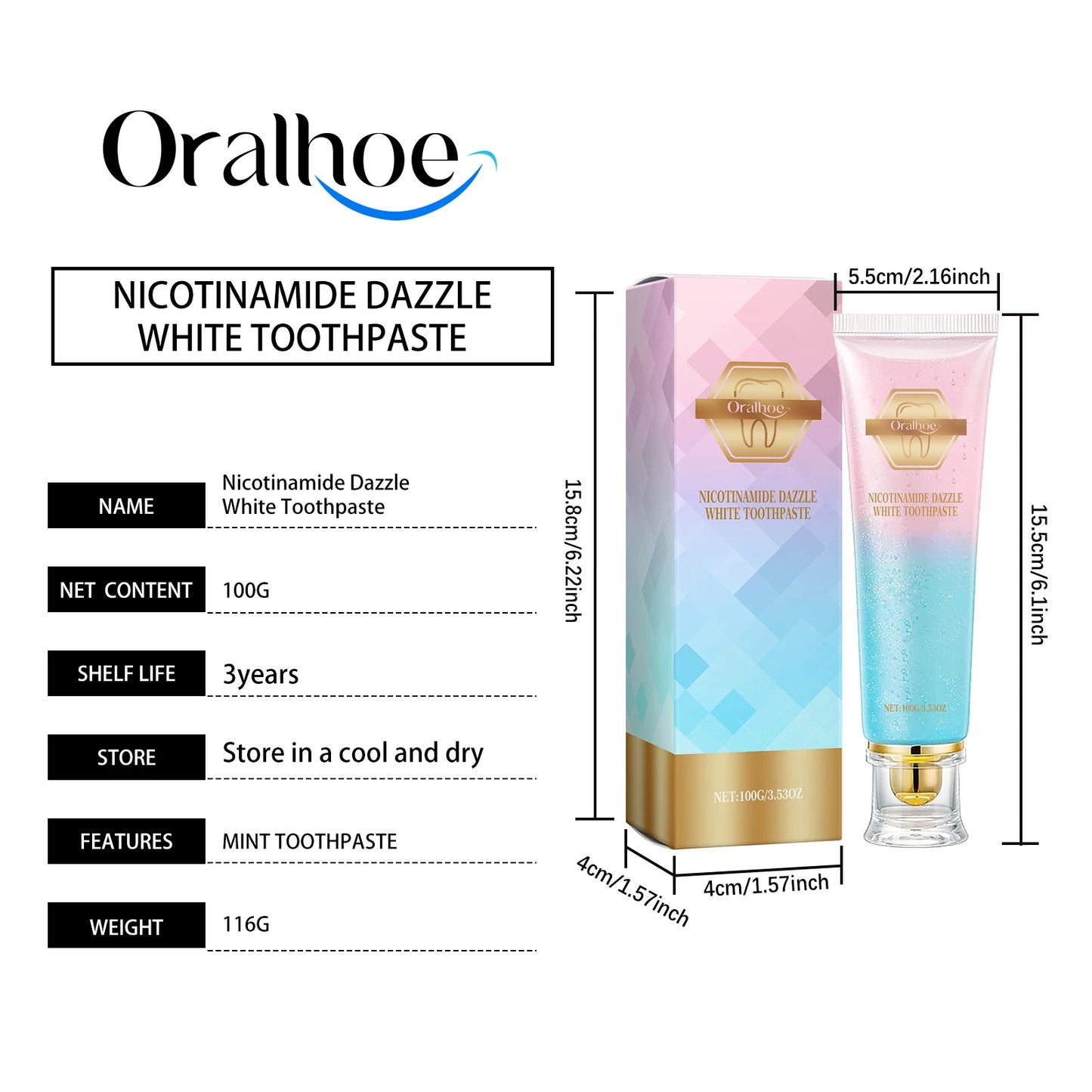 Oralhoe 100g Niacinamide Whitening Toothpaste Brighten Teeth Clean Teeth Stain Mouth Fresh Breath Oral Hygiene Bleach Toothpaste