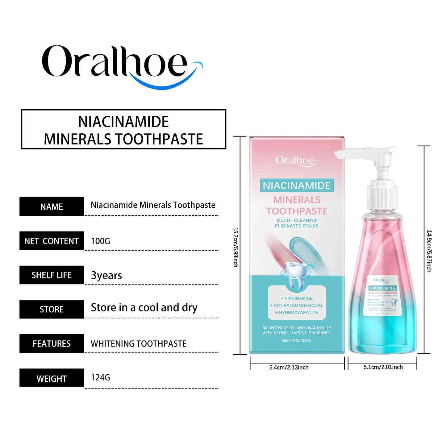 Oralhoe 100g Niacinamide Whitening Toothpaste Brighten Teeth Clean Teeth Stain Mouth Fresh Breath Oral Hygiene Bleach Toothpaste