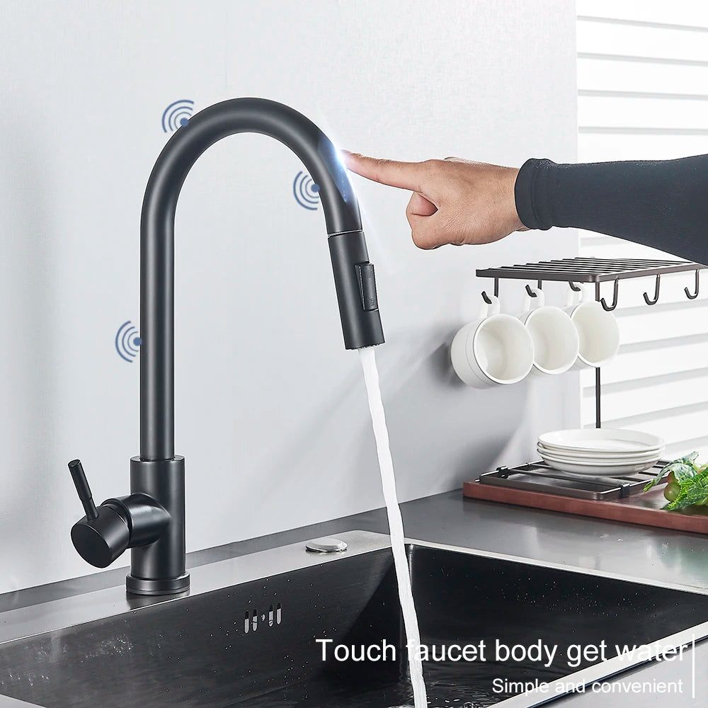 Black Pull Out Sensor Kitchen Faucet Touch Control Faucet 2 Function Mixer For Sink Tap Sprayer Single Handle Mixer Tap