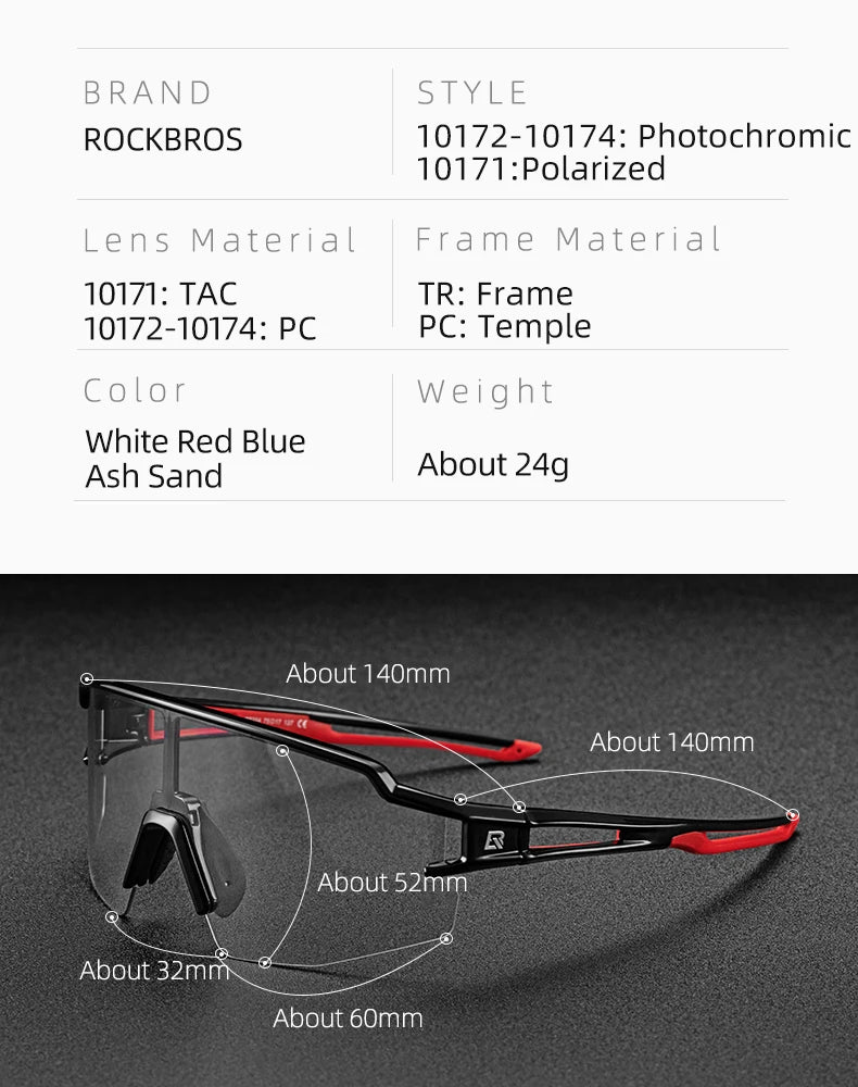 ROCKBROSC Cycling Glasses Polarized Photochromic UV400 Sunglasses