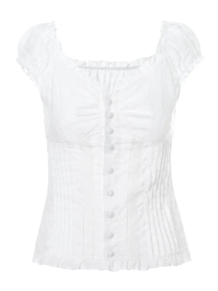 Women Blouse Short Sleeve Square Neck Button Down Top Summer