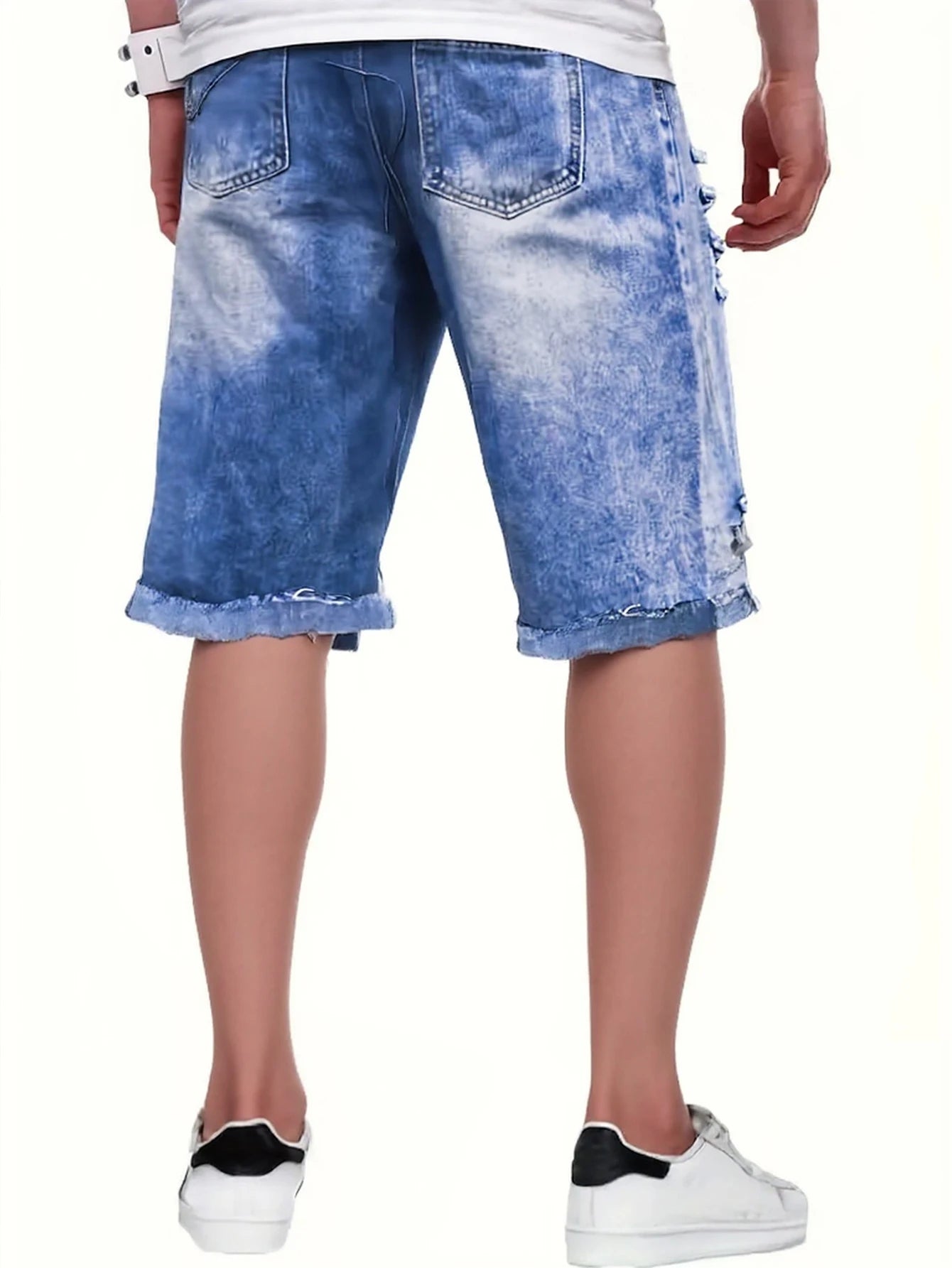 Mens Light Blue Distressed Denim Shorts Frayed Edges Street