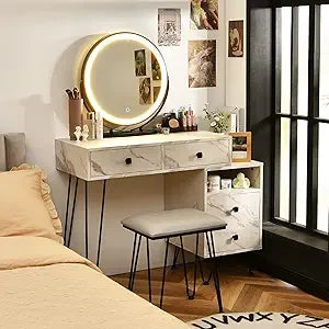 Color Vanity Desk With Lighted Mirror Reversible Side Cabinet