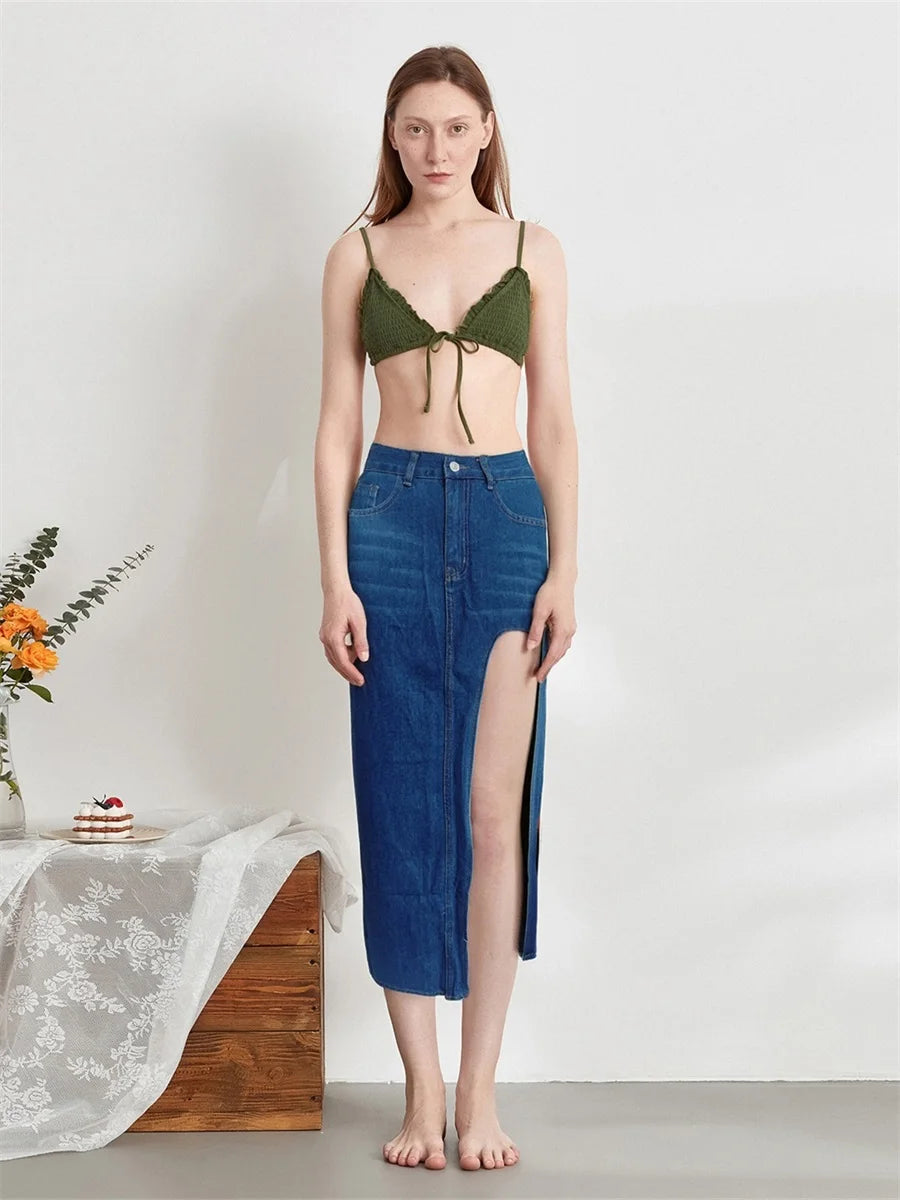 Hirigin Women's Distressed Denim Skirt With Frayed Hem