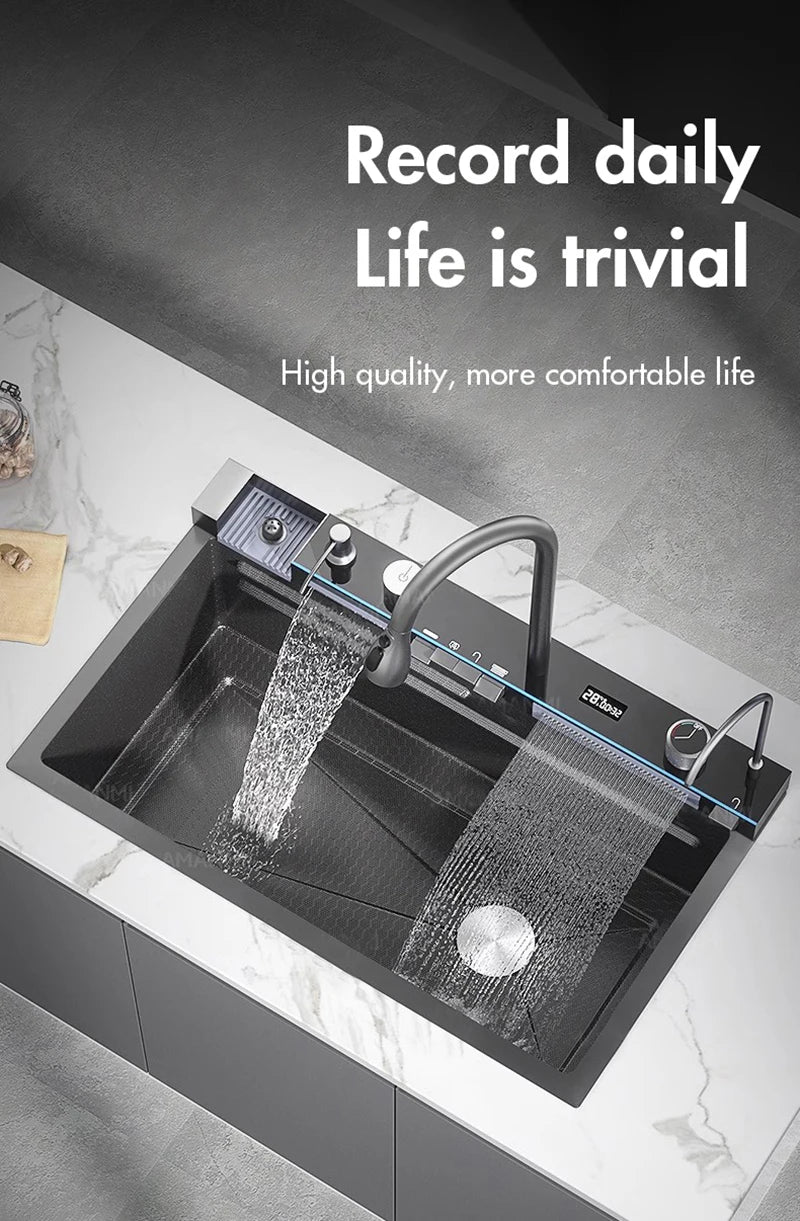MYQualife 304 Stainless Steel Waterfall Kitchen Sink With Digital Faucet