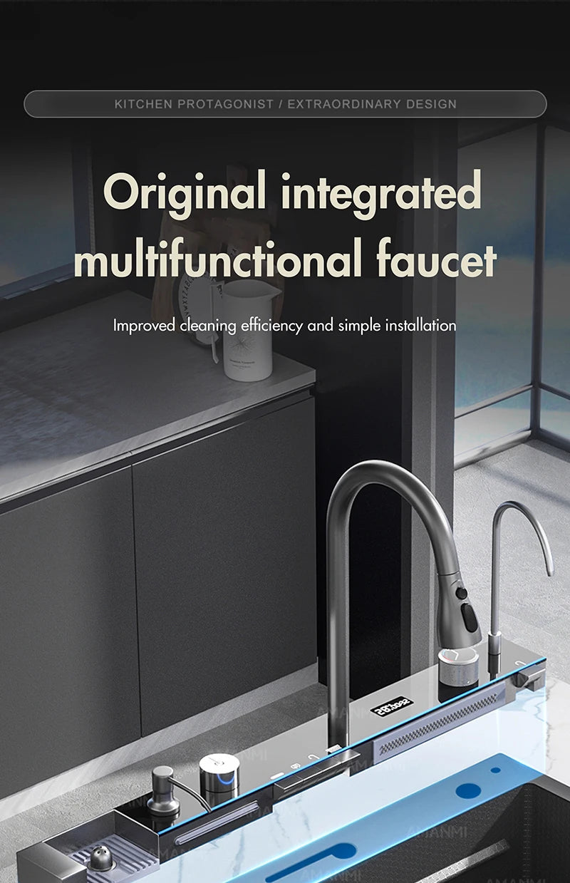 MYQualife 304 Stainless Steel Waterfall Kitchen Sink With Digital Faucet