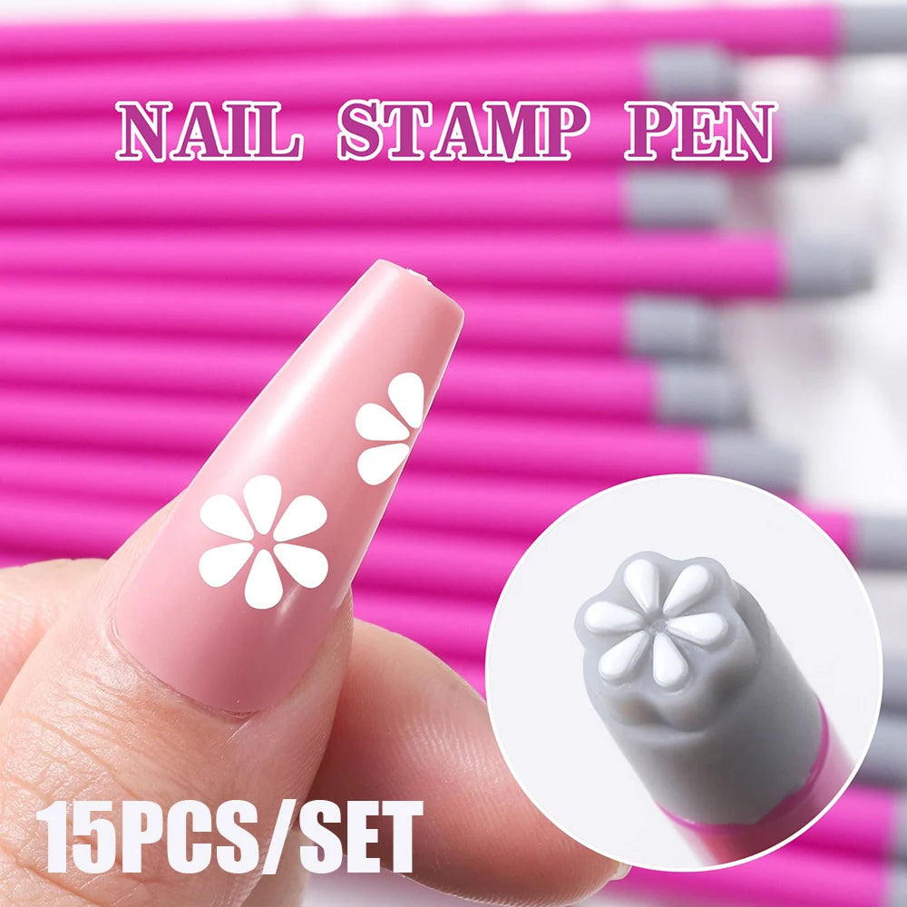 15Pcs/Set Nail Art Stamp Pen DIY Floral Butterfly Nail Stamping Manicure Seal