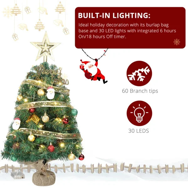 20 in Pre-lit Artificial Mini Christmas Tree, Tabletop Small Xmas Pine Tree with Ornaments and 30 Warm Lights Battery Operated f