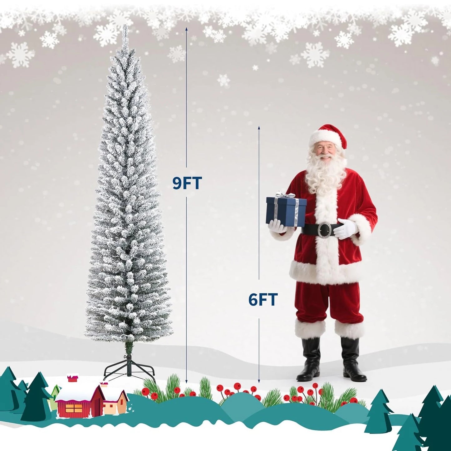 6FT/7.5FT/9FT Pre-lit Pencil Christmas Tree Artificial Xmas Tree With Light Easy Assembly Holiday Decoration Home Winter Display