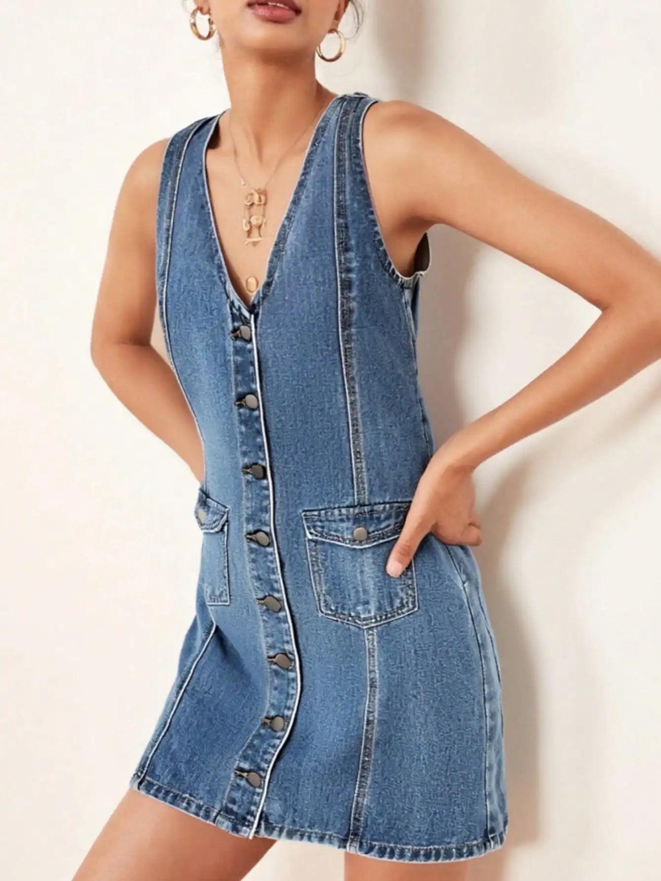 Denim Camisole Dress With Pockets And Button Closure