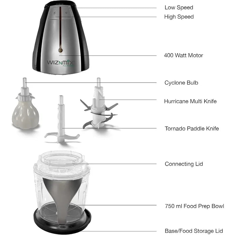Salton WizNMix All-in-One Food Processor, Chopper & Blender for Mixing, Purees, Whipping, 750 ml Capacity, Black (FP2102BK)
