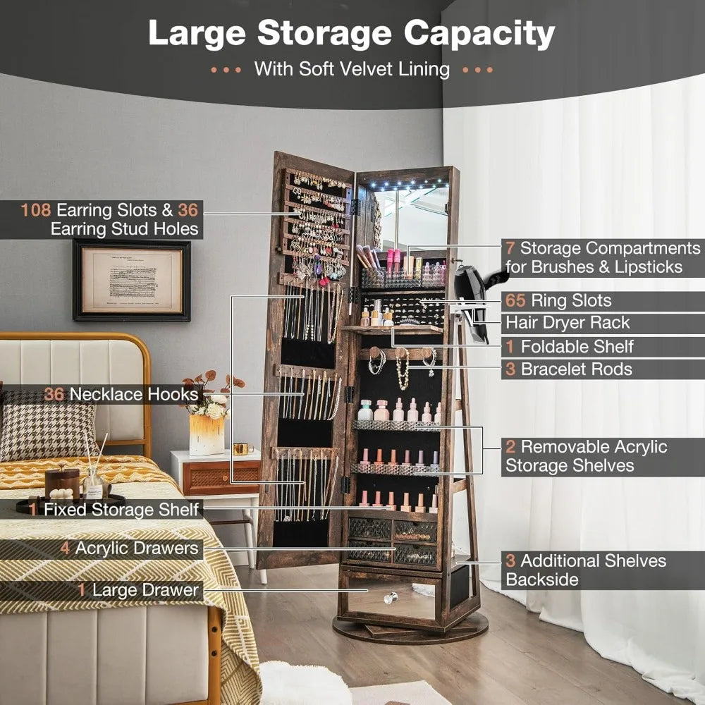 360 Degree Swivel Jewelry Cabinet Armoire With Mirror