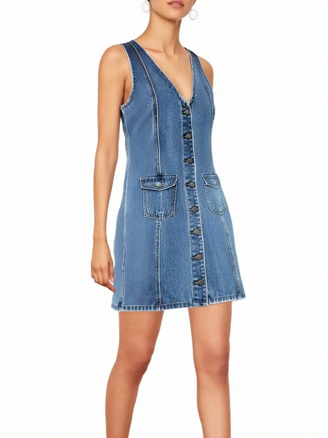 Denim Camisole Dress With Pockets And Button Closure
