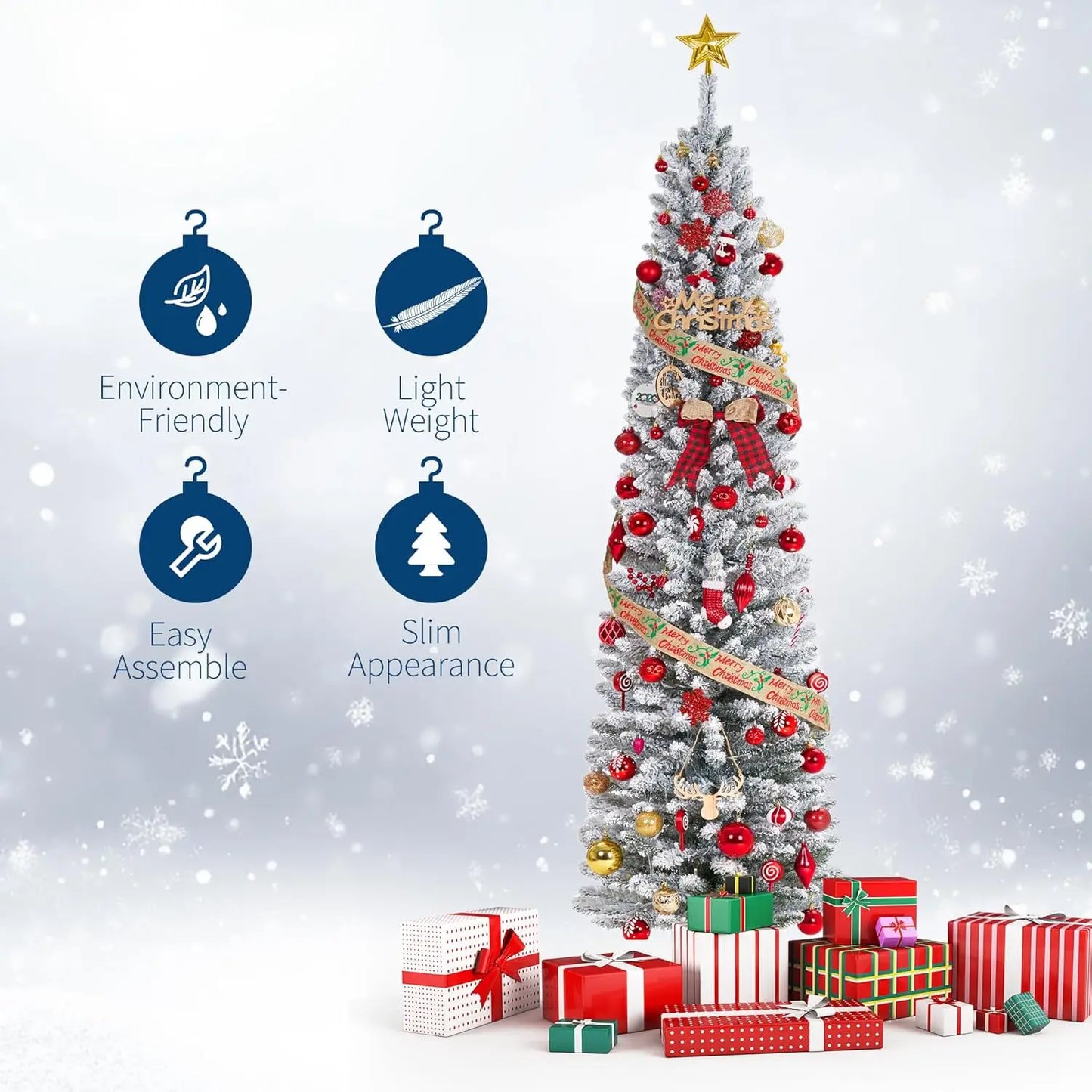 6FT/7.5FT/9FT Pre-lit Pencil Christmas Tree Artificial Xmas Tree With Light Easy Assembly Holiday Decoration Home Winter Display