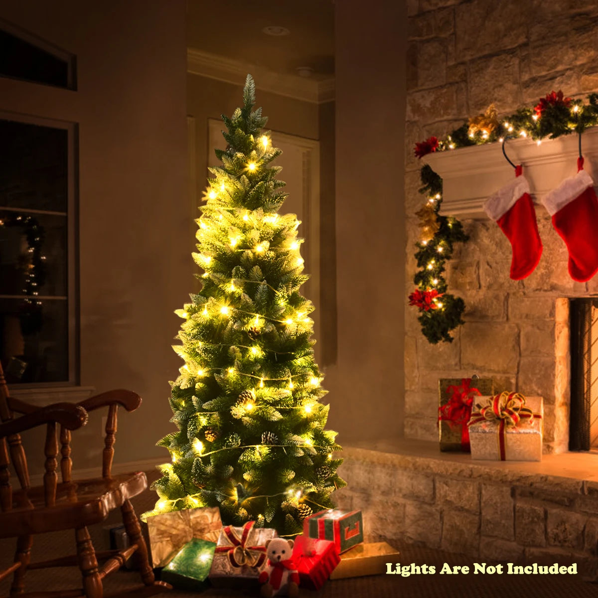 6ft Snow Flocked Unlit Artificial Pencil Christmas Tree Hinged w/ Pine Cones