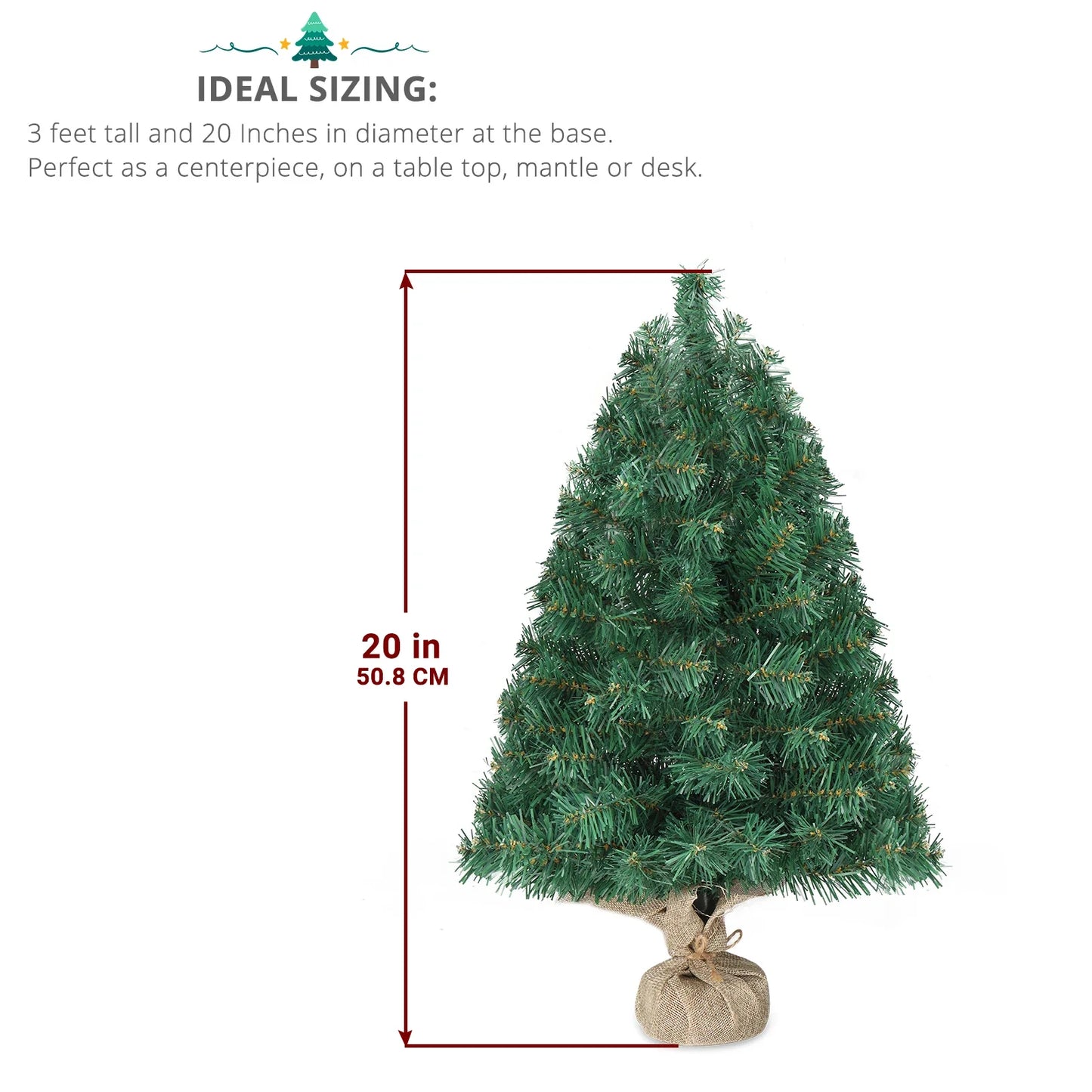 20 in Pre-lit Artificial Mini Christmas Tree, Tabletop Small Xmas Pine Tree with Ornaments and 30 Warm Lights Battery Operated f