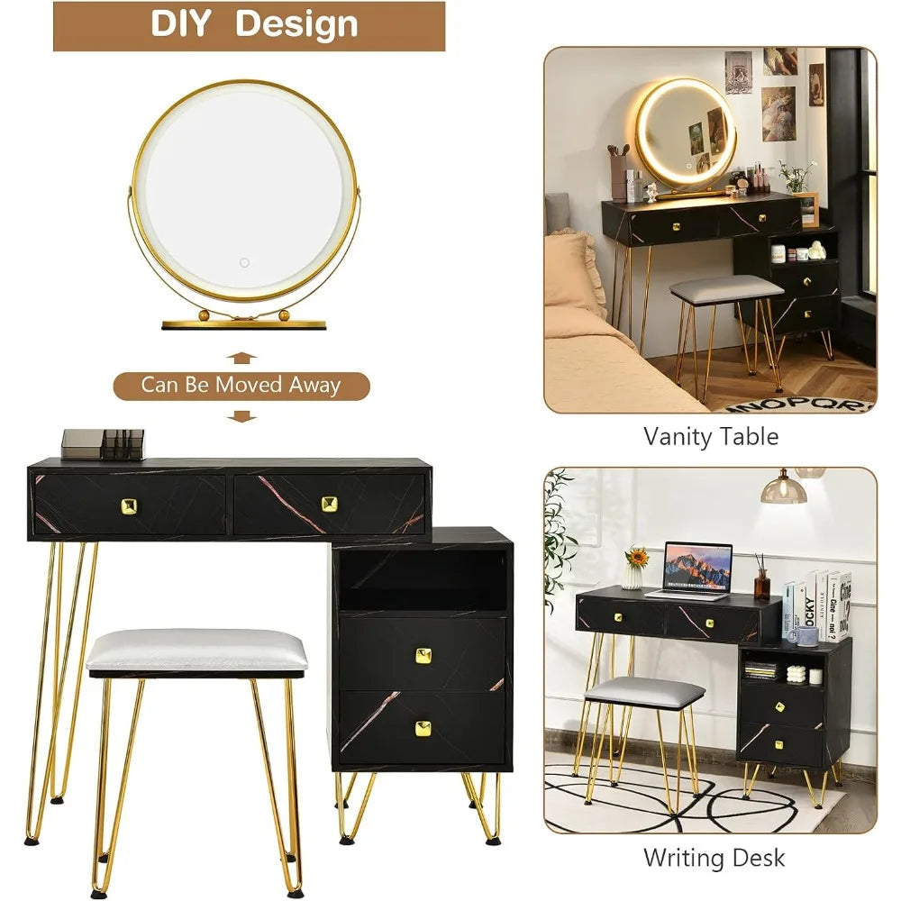 Color Vanity Desk With Lighted Mirror Reversible Side Cabinet