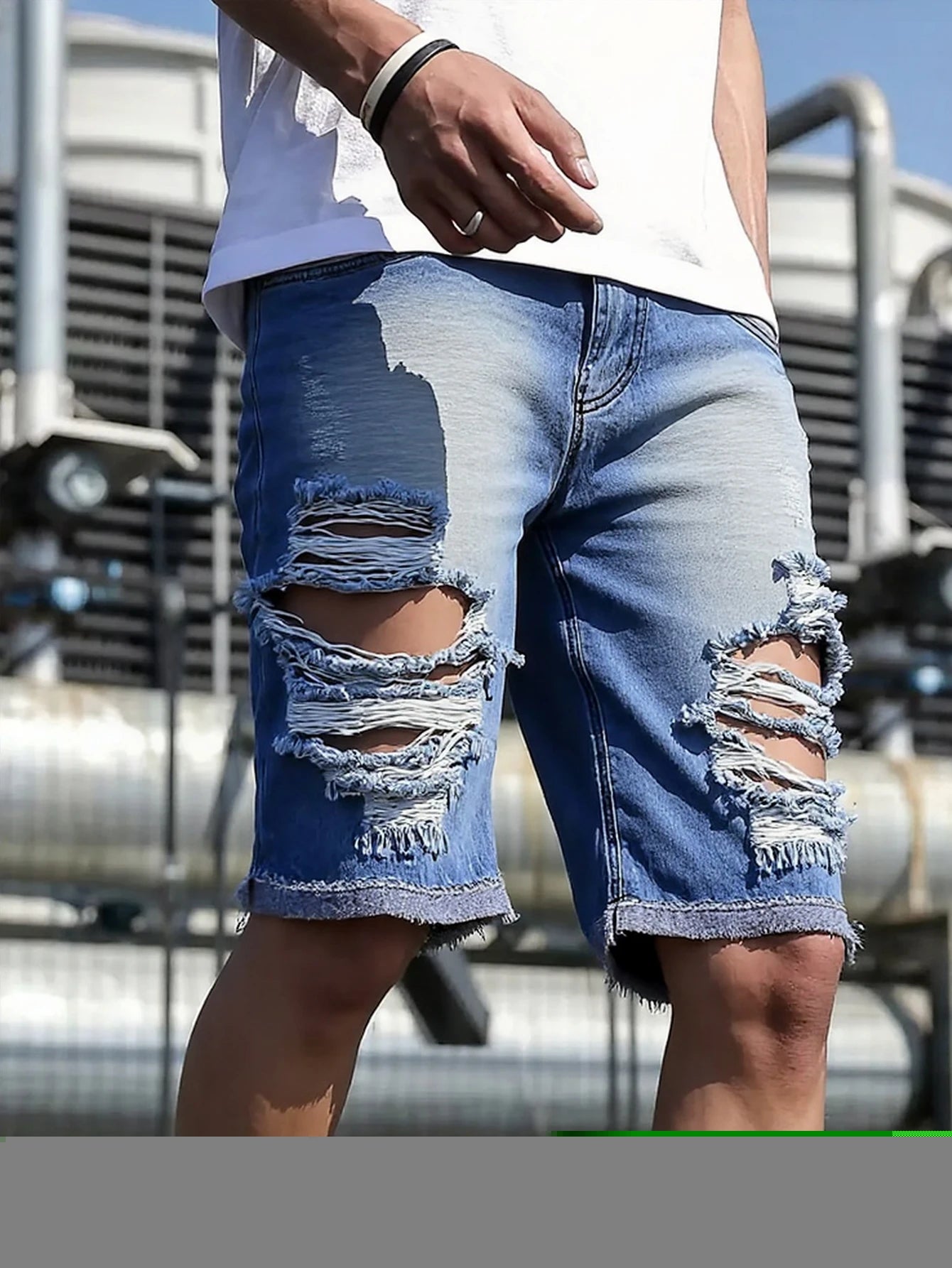 Mens Light Blue Distressed Denim Shorts Frayed Edges Street