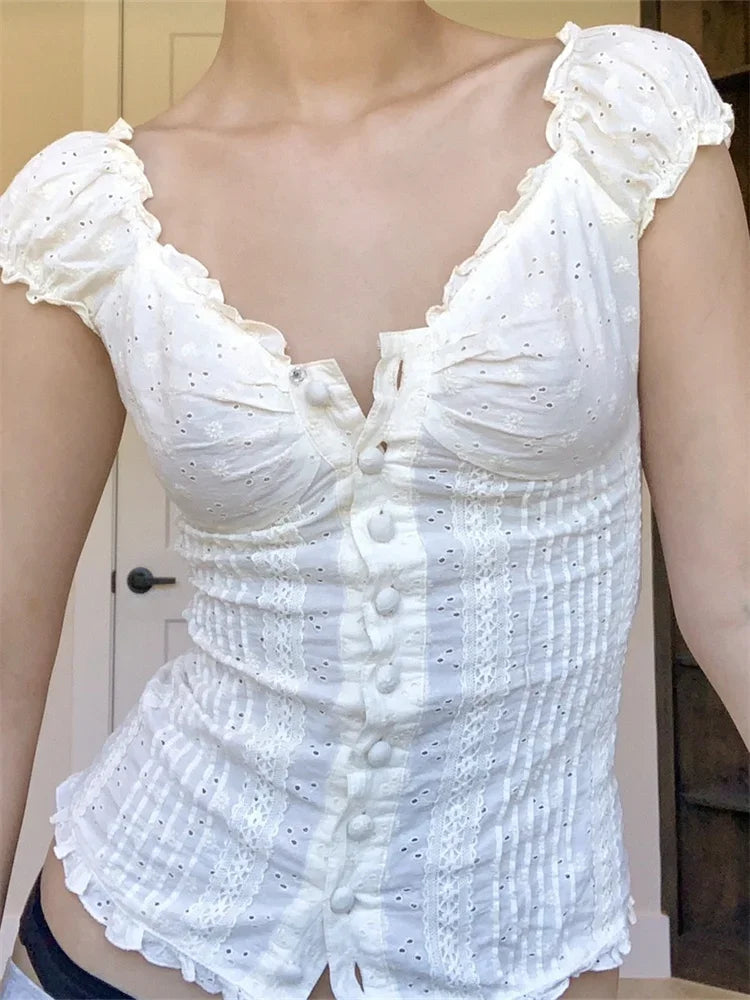 Women Blouse Short Sleeve Square Neck Button Down Top Summer