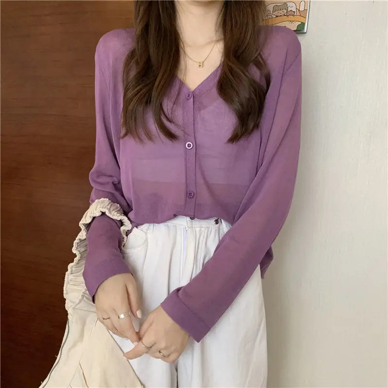 Women Clothing Casual Loose All-match Solid Sunscreen Shirt Summer Fashion Thin Long Sleeve Shawl Blouses Matching Skirt Top