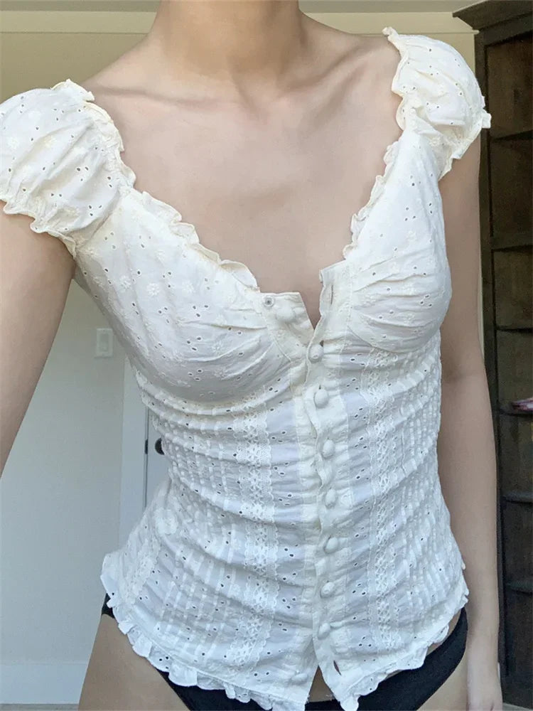 Women Blouse Short Sleeve Square Neck Button Down Top Summer