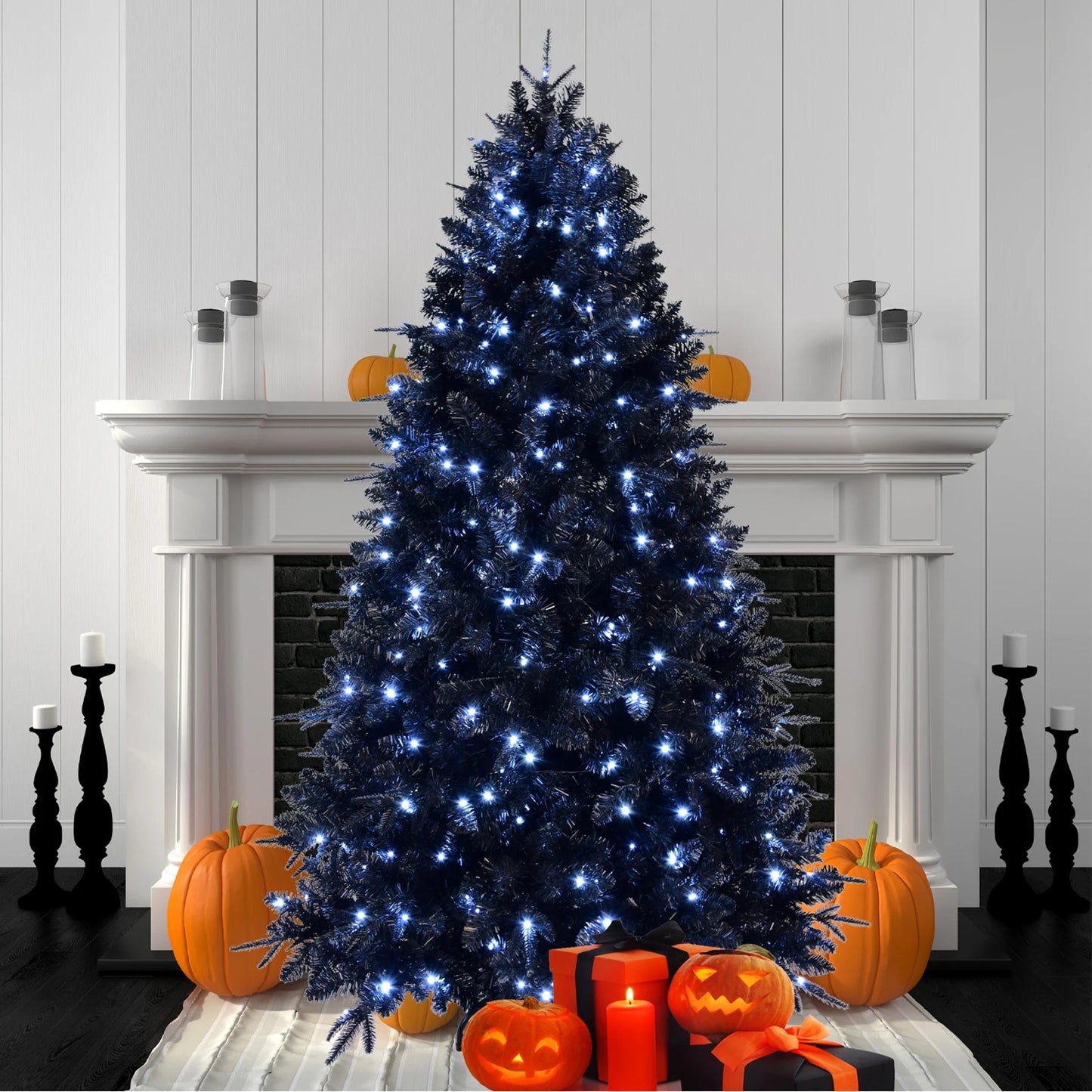 5FT PE+PVC Mixed Black Artificial Christmas Tree with LED White Light Metal Stand Premium Xmas Tree Holiday Xmas Ornaments Decor