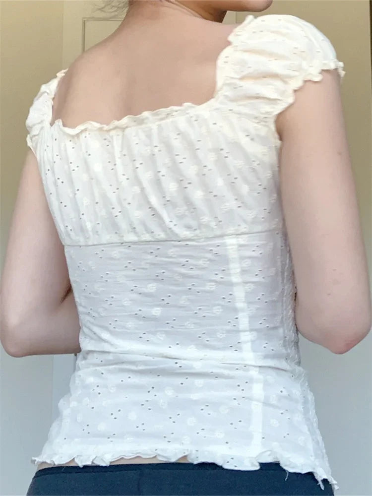 Women Blouse Short Sleeve Square Neck Button Down Top Summer