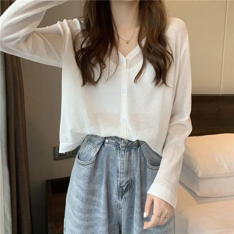 Women Clothing Casual Loose All-match Solid Sunscreen Shirt Summer Fashion Thin Long Sleeve Shawl Blouses Matching Skirt Top