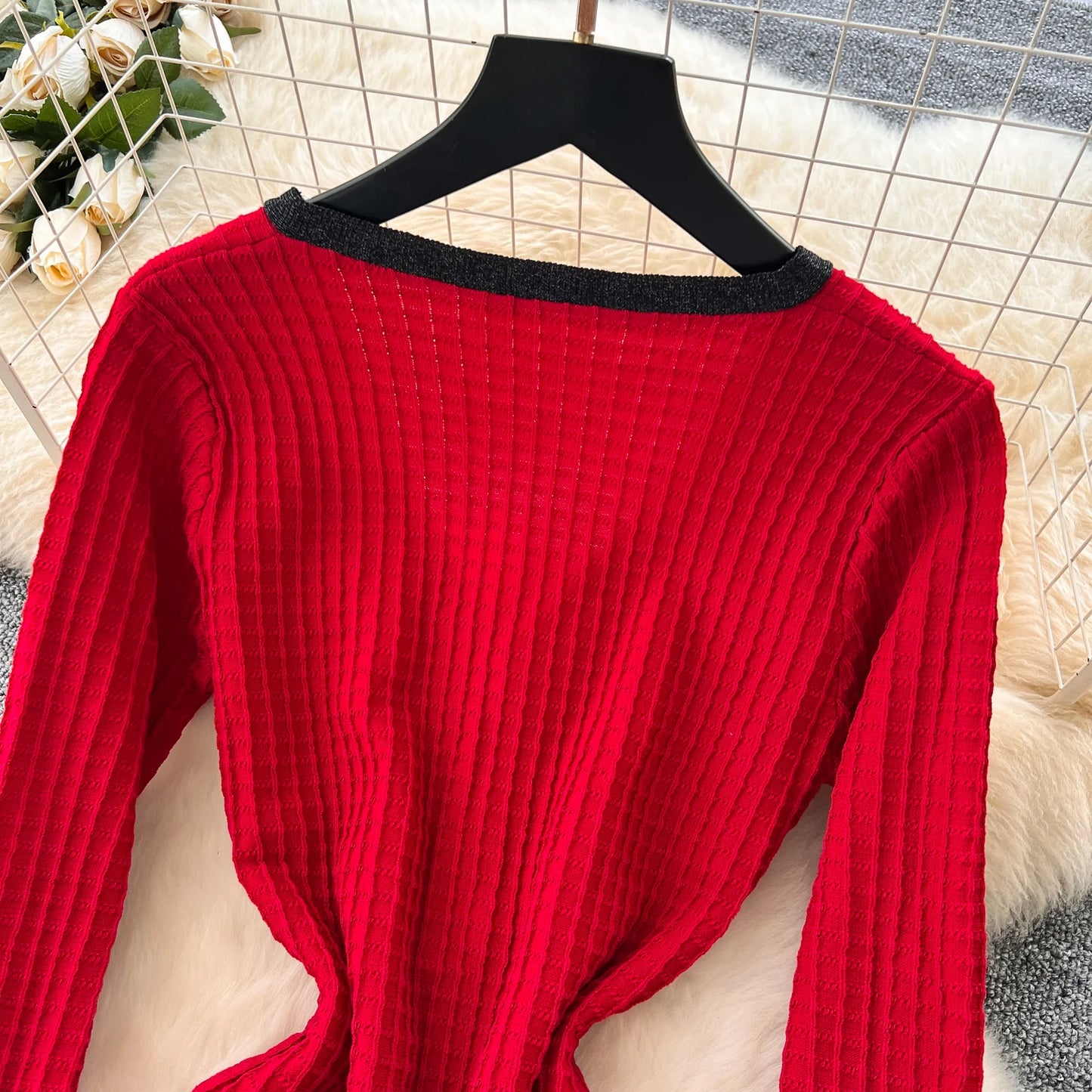 SR.Singreiny Chic V Neck Button Knit Dress For Women