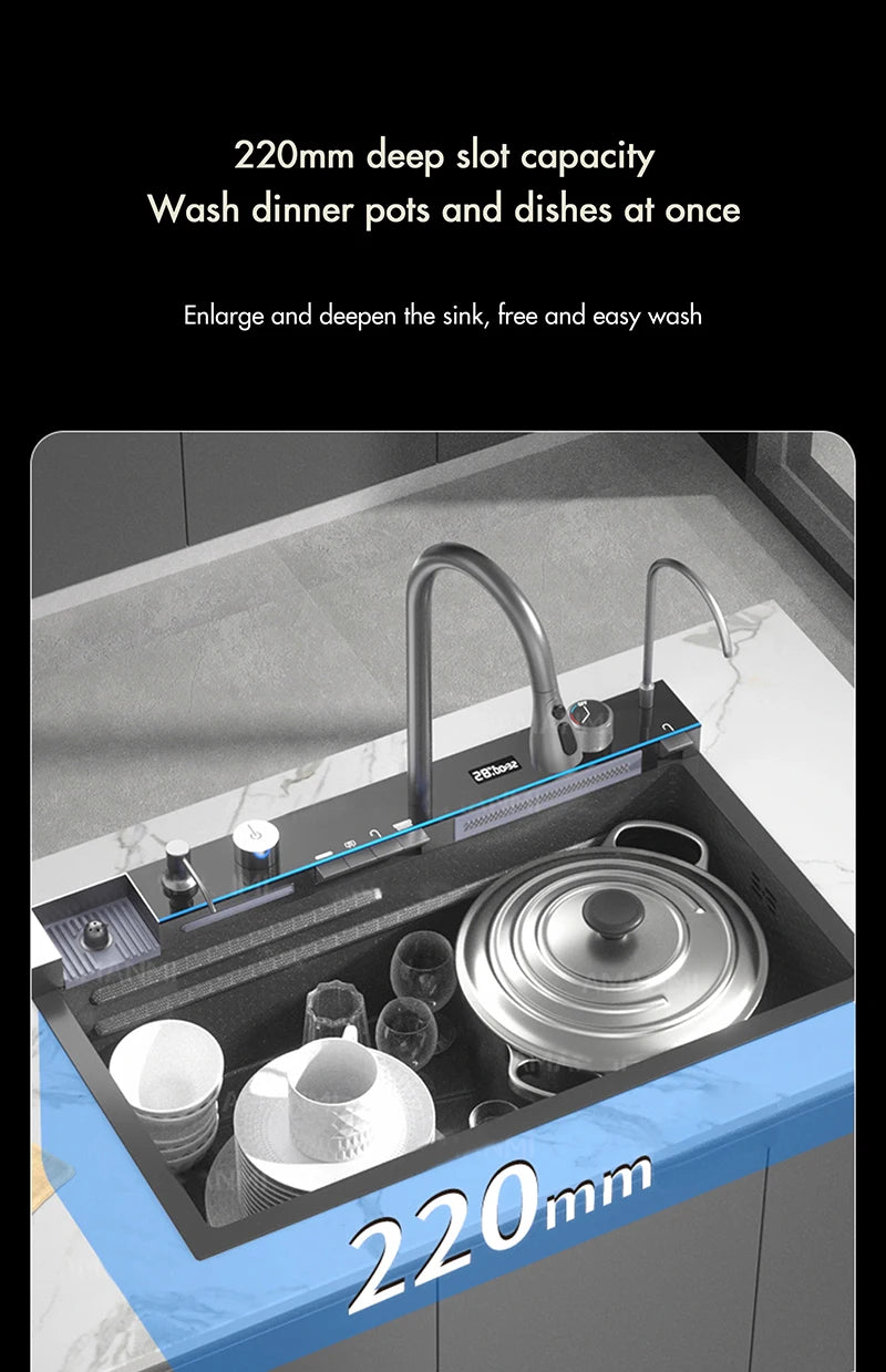 MYQualife 304 Stainless Steel Waterfall Kitchen Sink With Digital Faucet