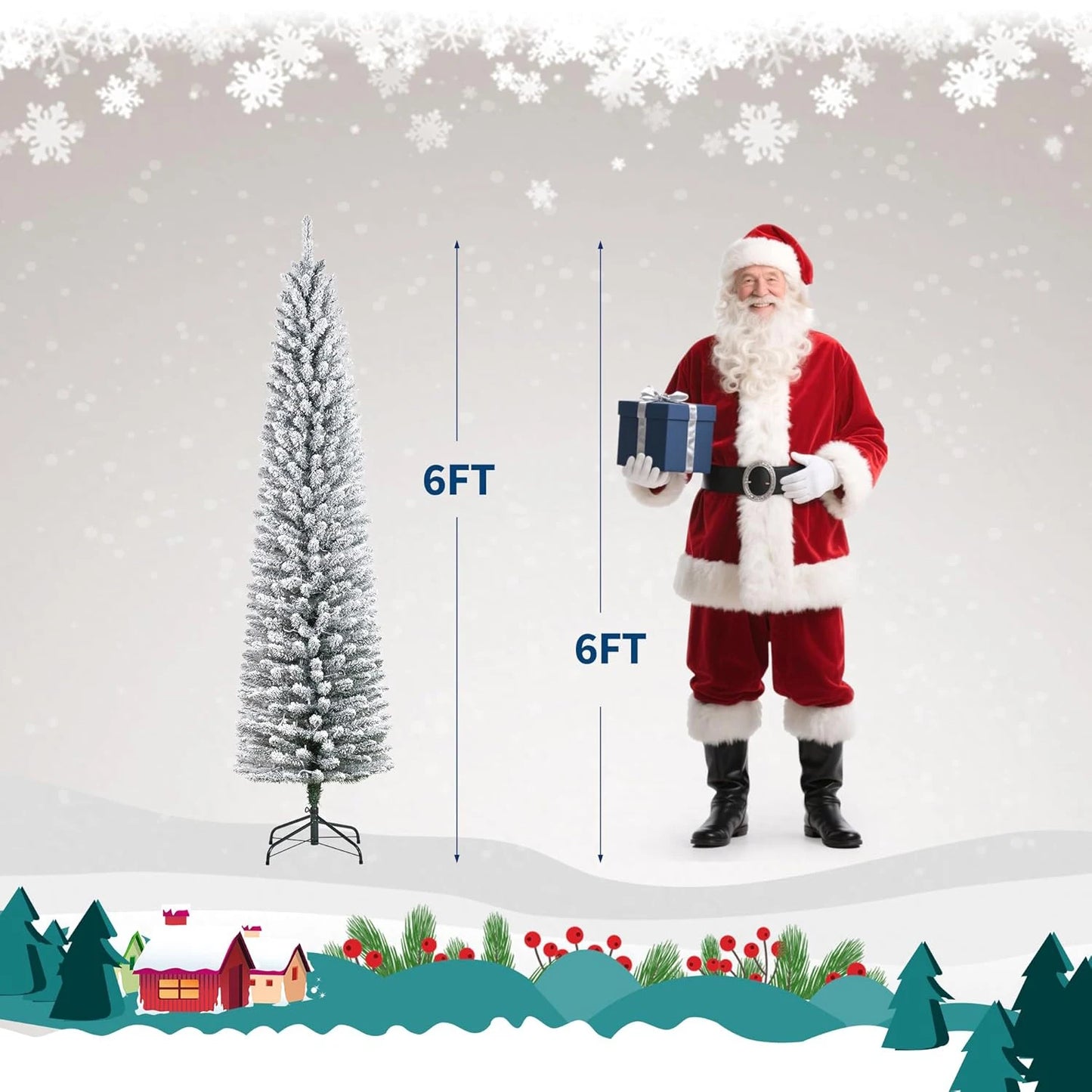 6FT/7.5FT/9FT Pre-lit Pencil Christmas Tree Artificial Xmas Tree With Light Easy Assembly Holiday Decoration Home Winter Display