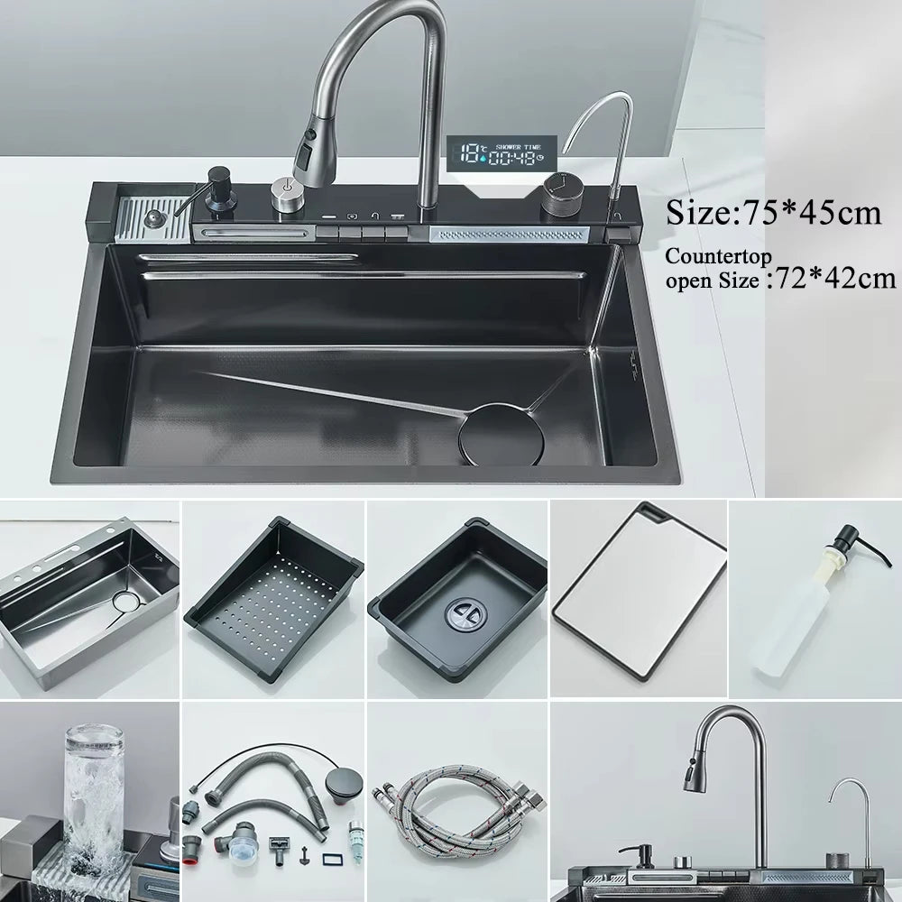 MYQualife 304 Stainless Waterfall Kitchen Sink Faucet With Digital Display