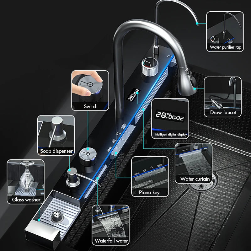 MYQualife 304 Stainless Waterfall Kitchen Sink Faucet With Digital Display