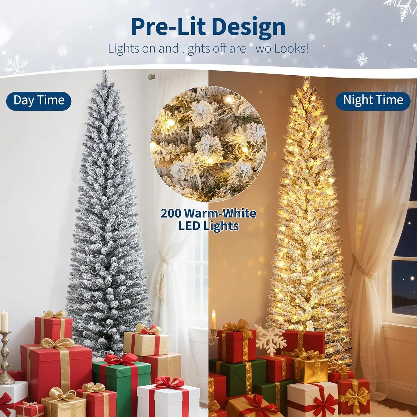 6FT/7.5FT/9FT Pre-lit Pencil Christmas Tree Artificial Xmas Tree With Light Easy Assembly Holiday Decoration Home Winter Display
