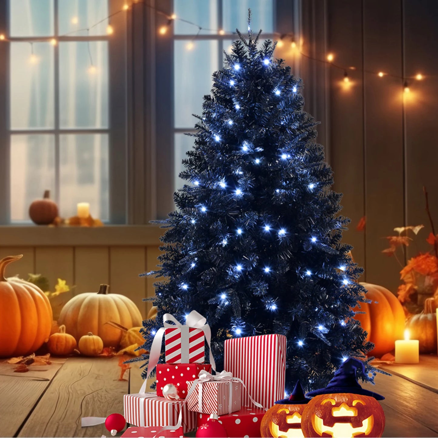 5FT PE+PVC Mixed Black Artificial Christmas Tree with LED White Light Metal Stand Premium Xmas Tree Holiday Xmas Ornaments Decor