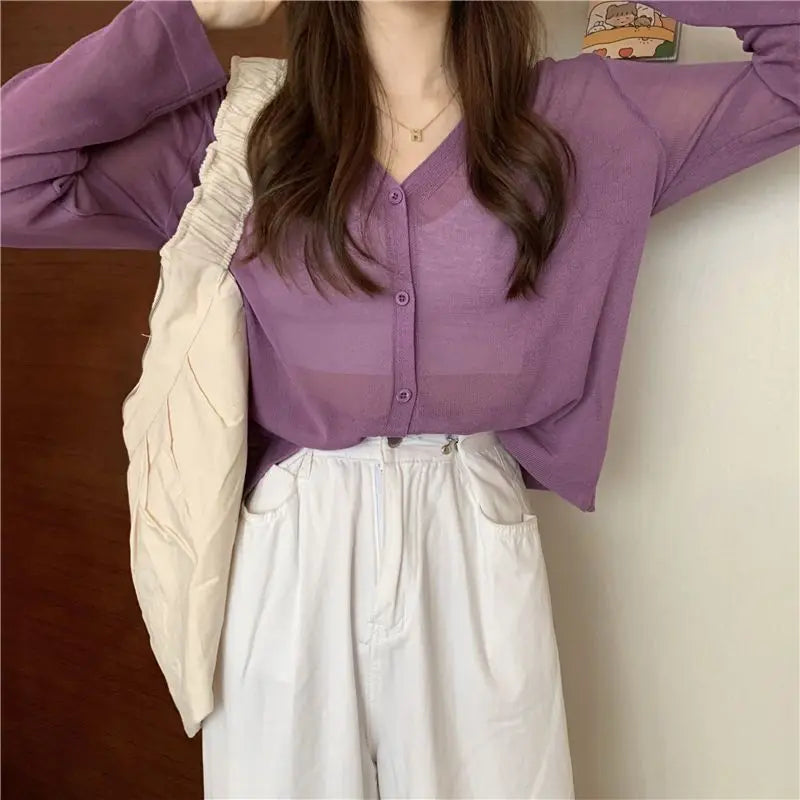 Women Clothing Casual Loose All-match Solid Sunscreen Shirt Summer Fashion Thin Long Sleeve Shawl Blouses Matching Skirt Top