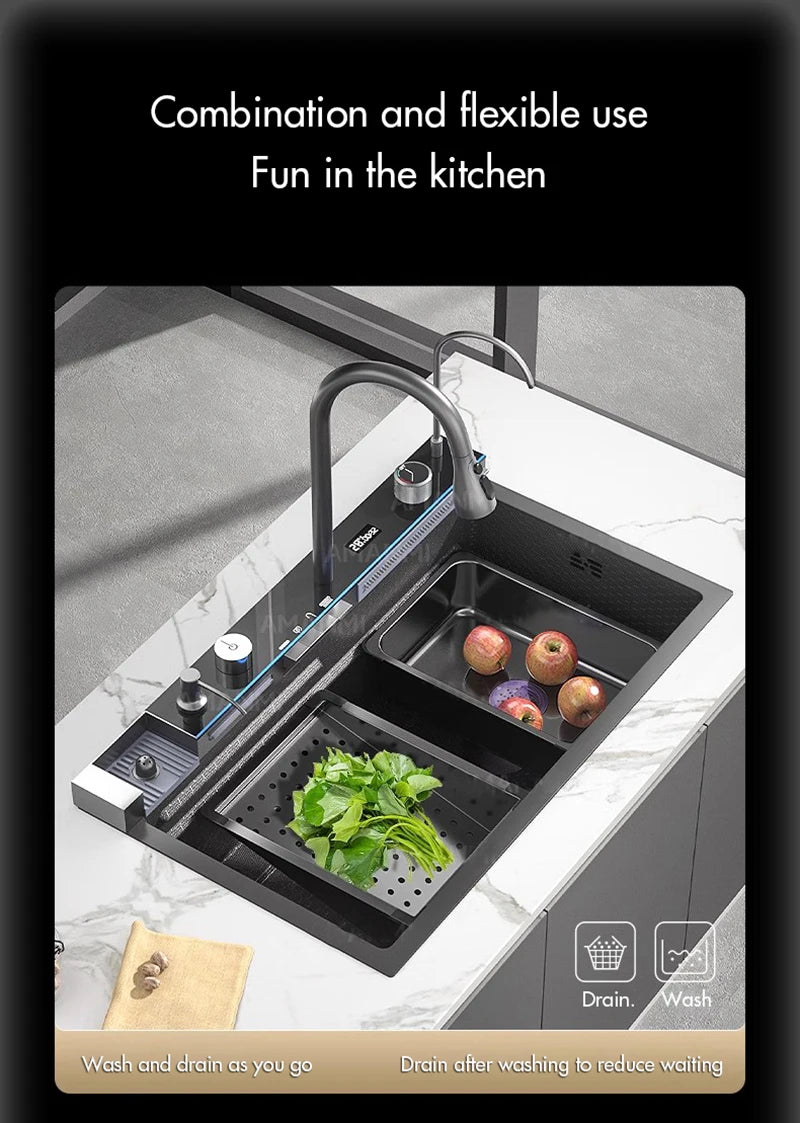 MYQualife 304 Stainless Waterfall Kitchen Sink Faucet With Digital Display