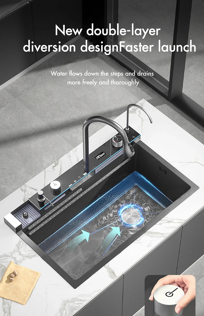 MYQualife 304 Stainless Steel Waterfall Kitchen Sink With Digital Faucet