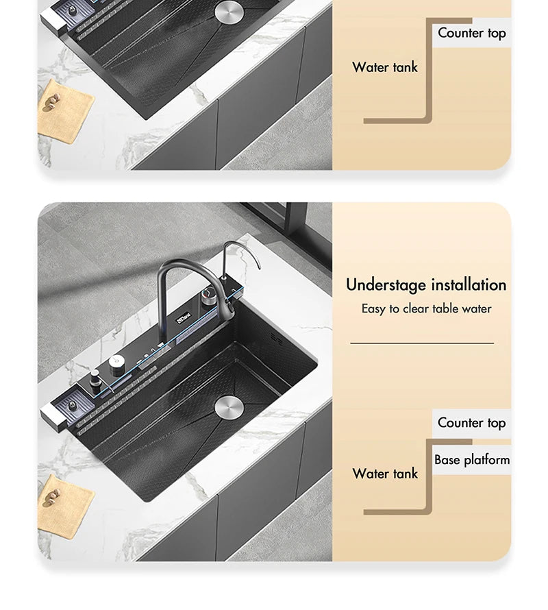 MYQualife 304 Stainless Steel Waterfall Kitchen Sink With Digital Faucet
