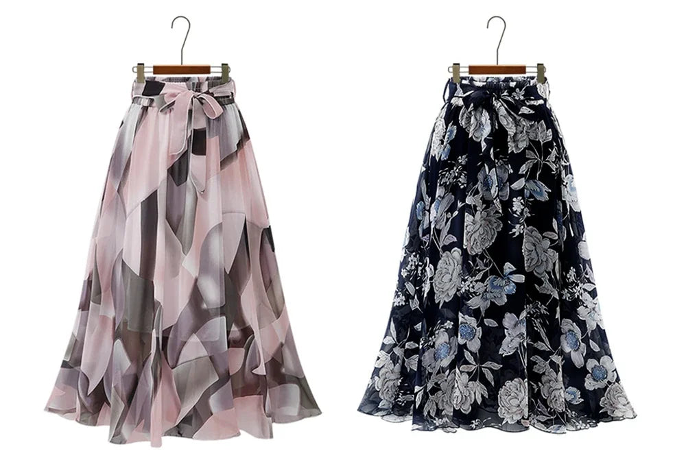 ISUREYOUNG Women Floral Summer Skirt Chiffon A Line Midi