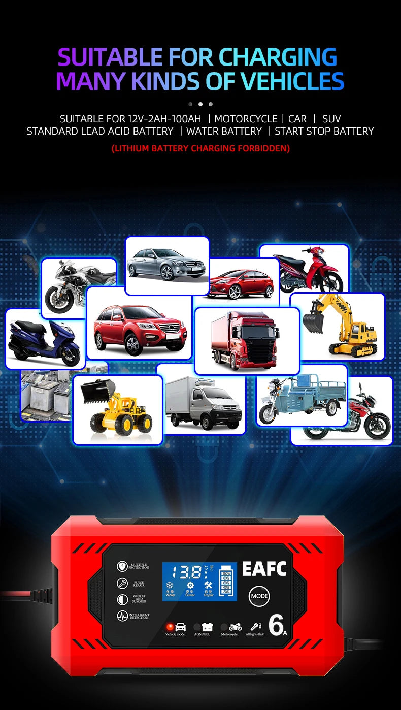 EAFCH Car Battery Charger 12V 6A Intelligent Fast Charging