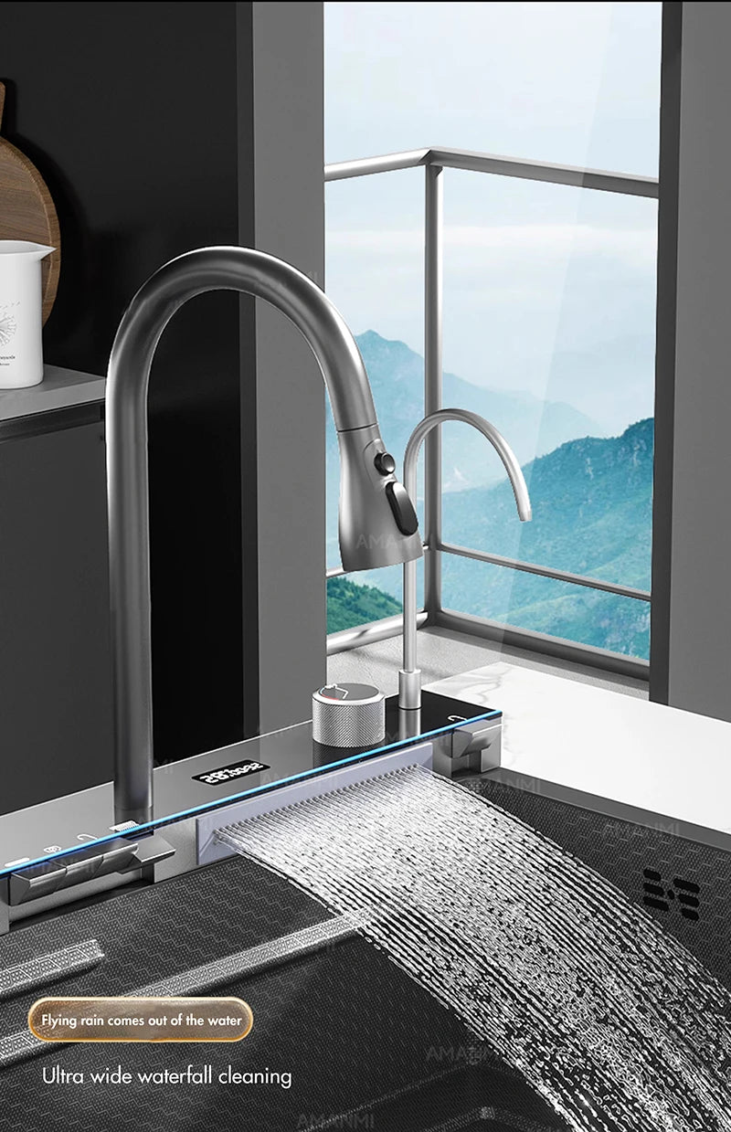 MYQualife 304 Stainless Waterfall Kitchen Sink Faucet With Digital Display