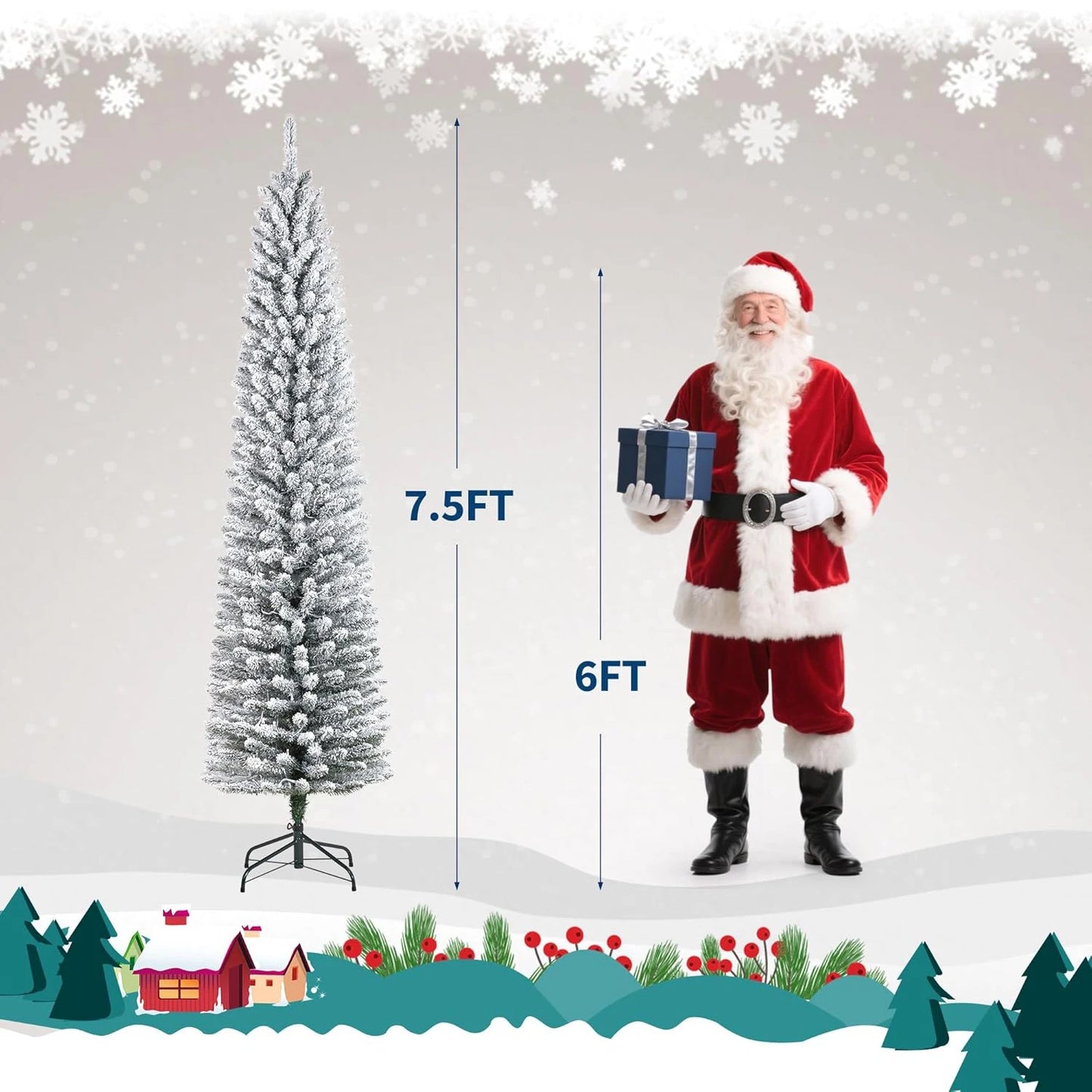 6FT/7.5FT/9FT Pre-lit Pencil Christmas Tree Artificial Xmas Tree With Light Easy Assembly Holiday Decoration Home Winter Display
