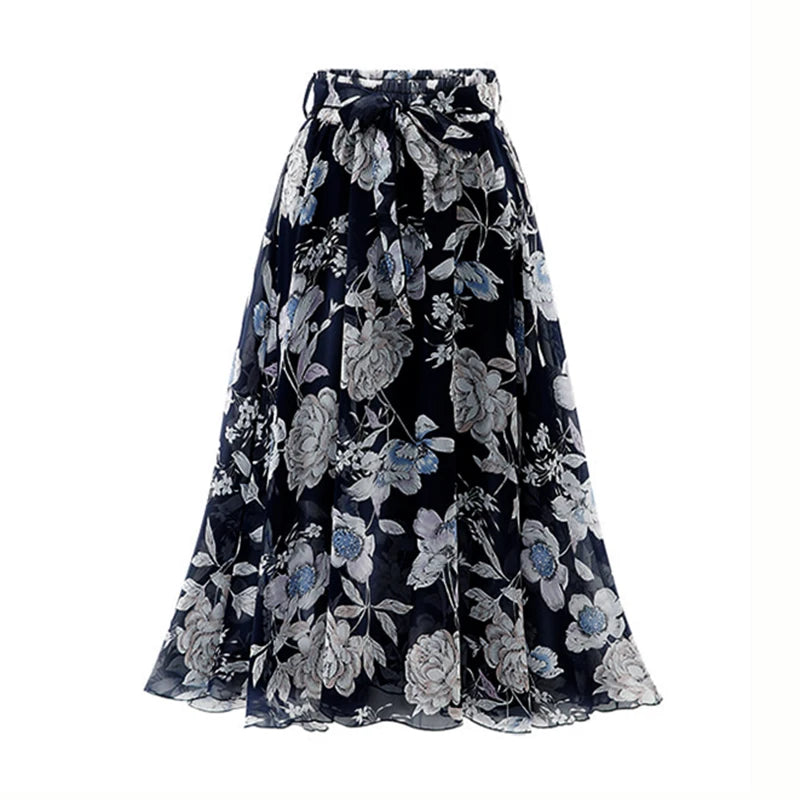 ISUREYOUNG Women Floral Summer Skirt Chiffon A Line Midi