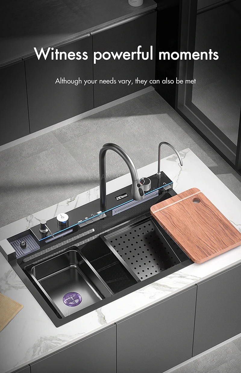MYQualife 304 Stainless Steel Waterfall Kitchen Sink With Digital Faucet