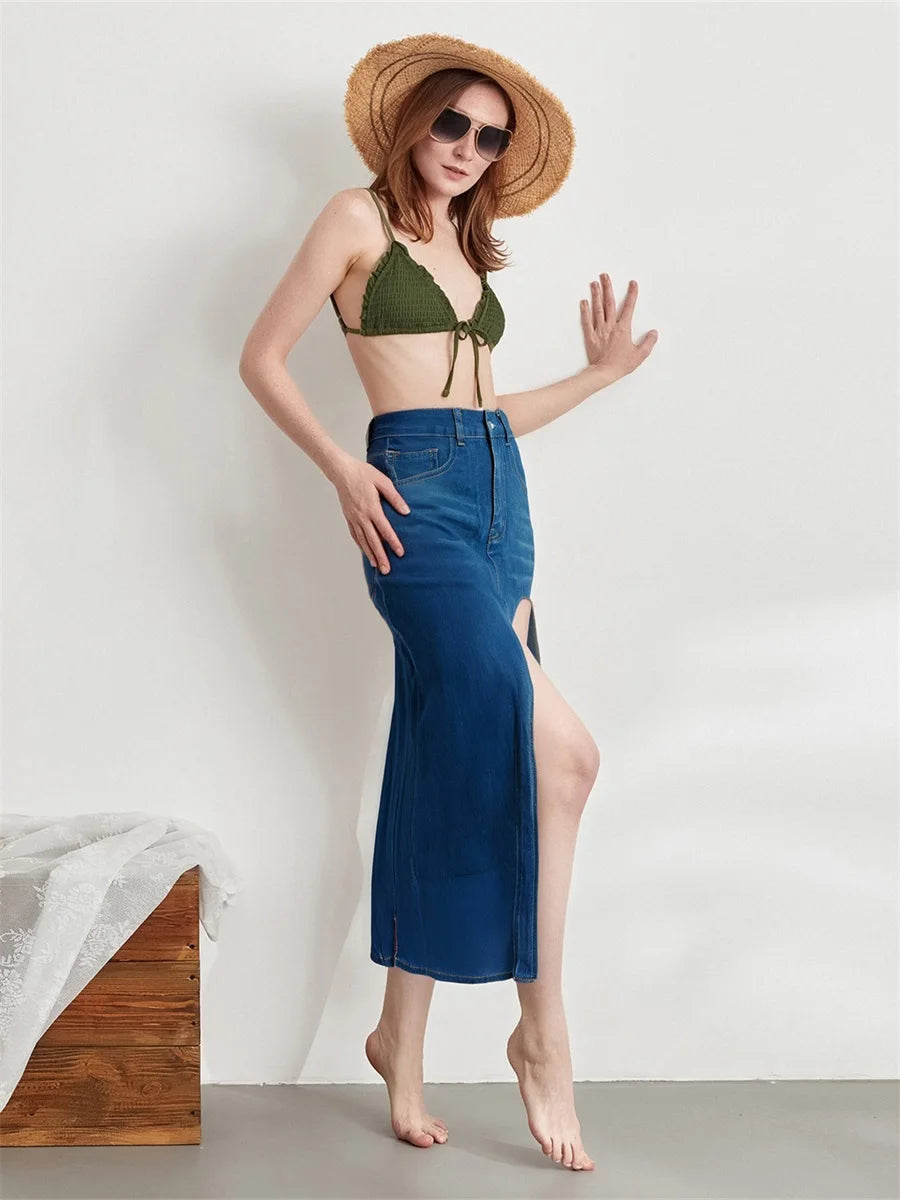 Hirigin Women's Distressed Denim Skirt With Frayed Hem